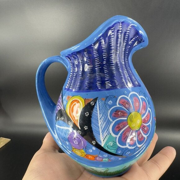 Hand Made Mexico Pottery Tonala Talavera Pitcher Hand Painted RedWare Decor - Picture 11 of 16